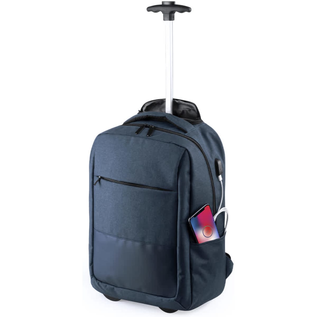 A navy backpack with wheels, featuring a pull handle and a visible phone in the side pocket.