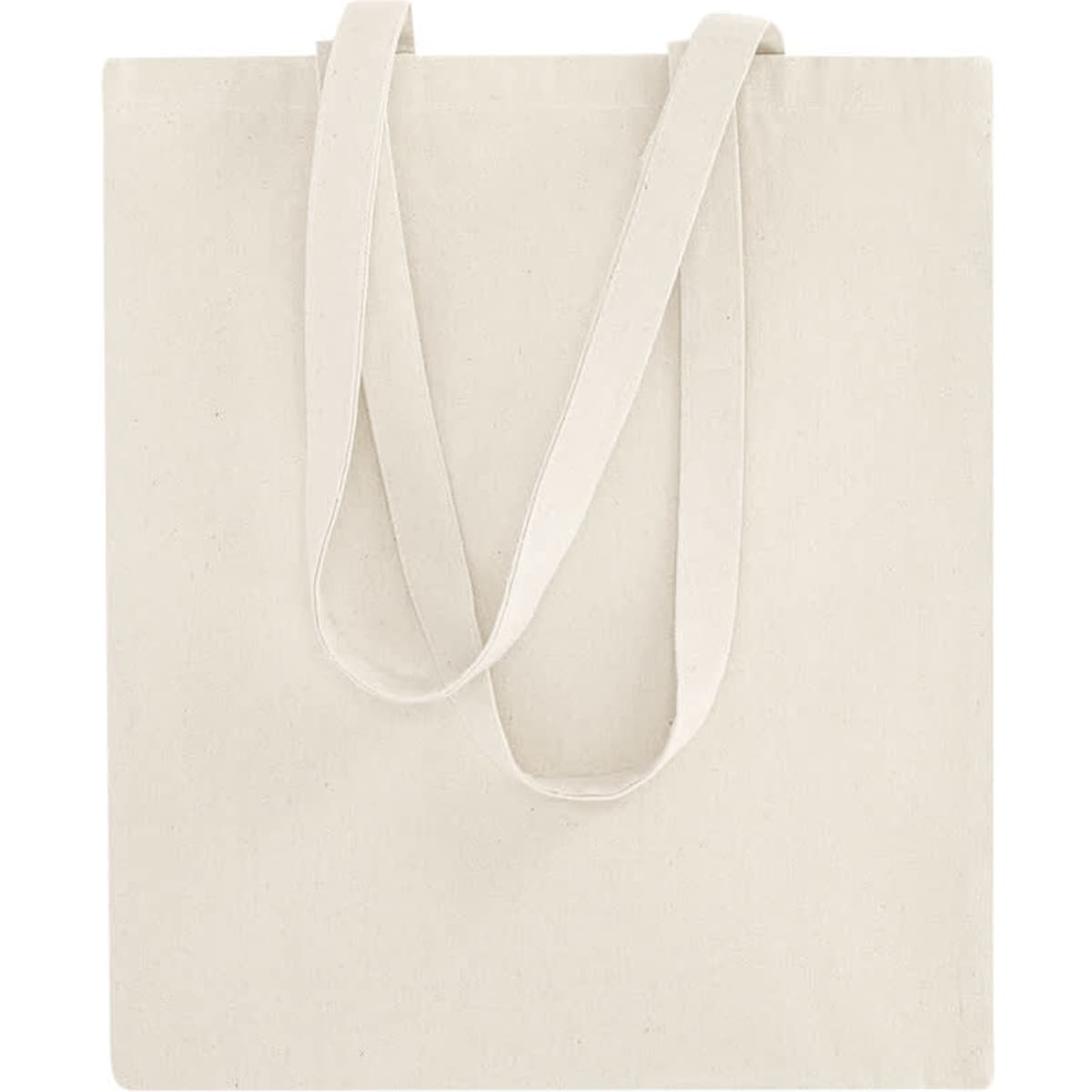 A beige tote bag with long handles, featuring a plain design and an included logo.