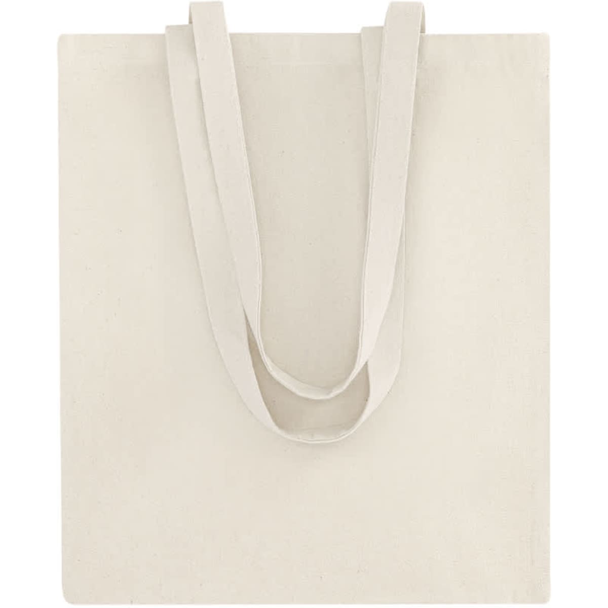 A plain cream tote bag with two long handles and a simple design. It features a small logo.