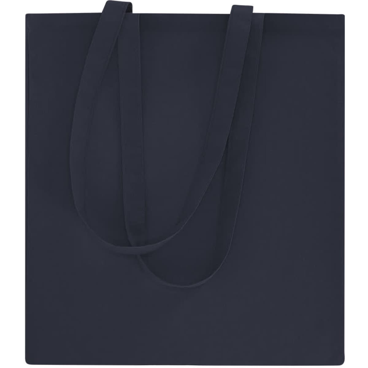 A navy tote bag with two long handles and a simple design. The bag features a logo.