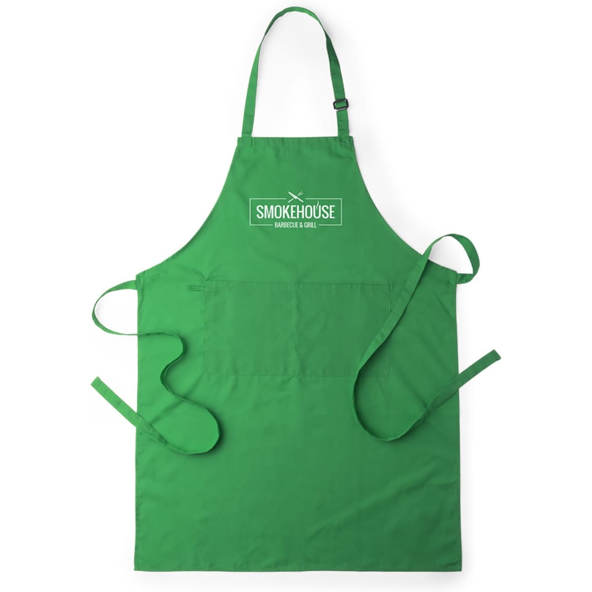A green apron with a logo, featuring neck and waist straps for adjustable fit.