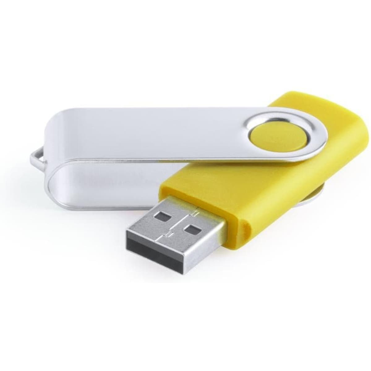 A yellow and silver USB drive with a swivel cap design, featuring a branding logo.