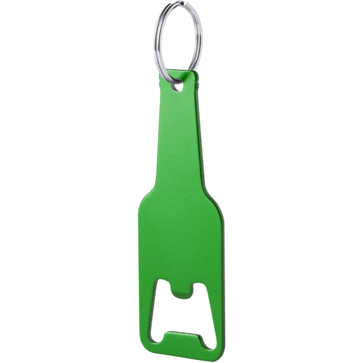 A green bottle-shaped keyring featuring a bottle opener and a metal keyring attachment.
