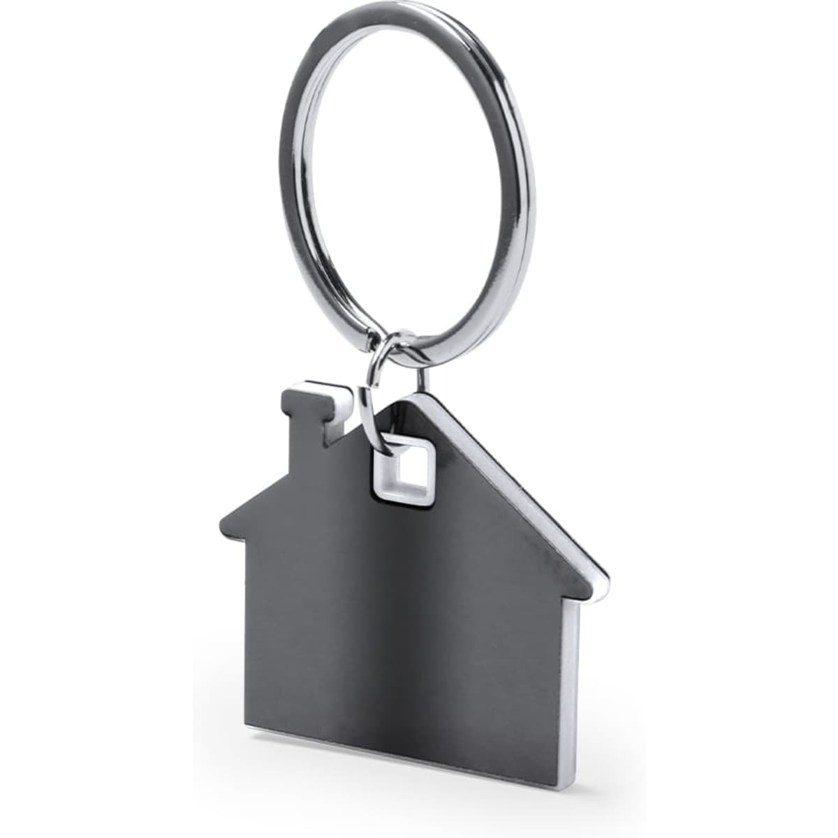 A metallic keyring shaped like a house, featuring a shiny silver ring.
