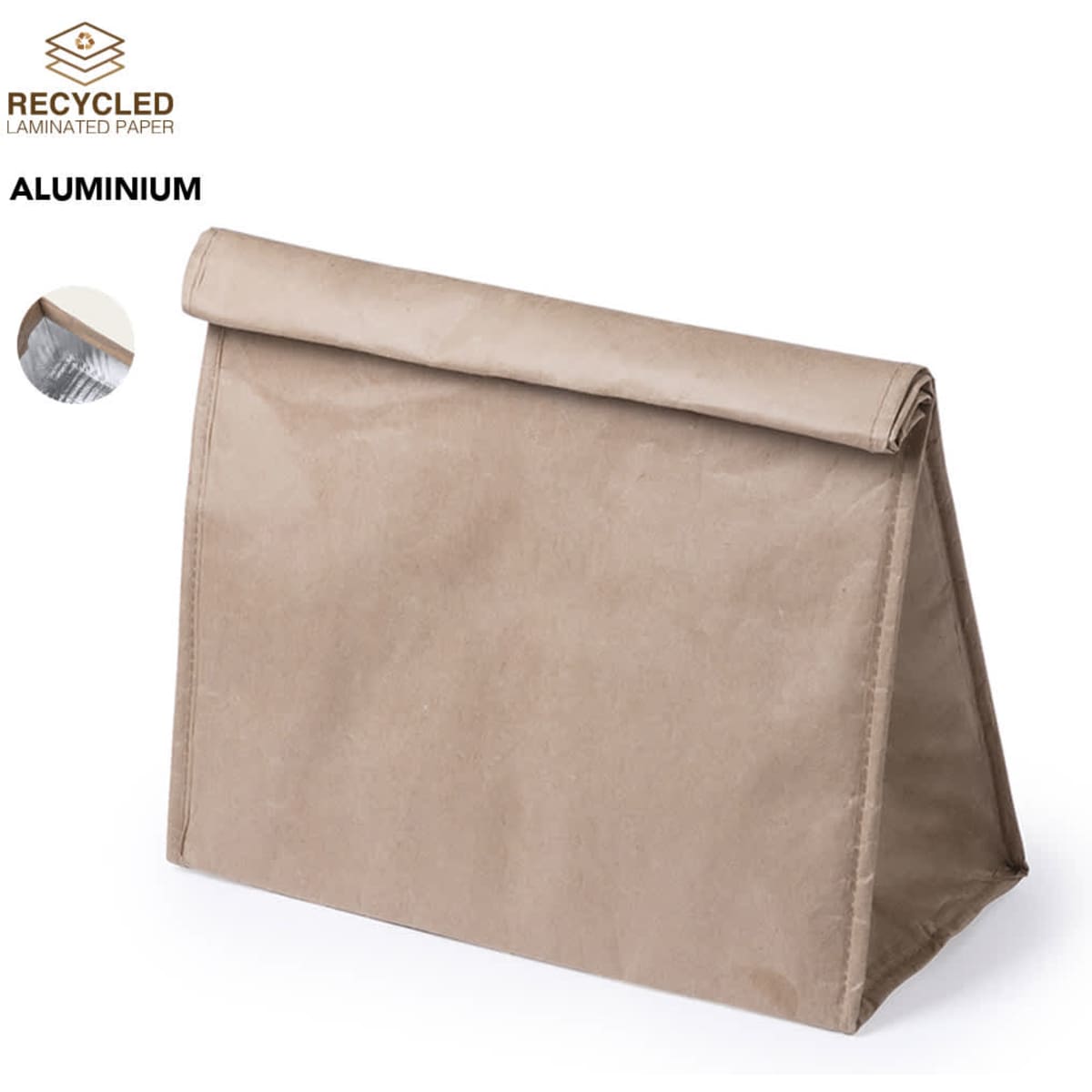 A tan thermal bag made of recycled laminated paper, featuring a fold-over top and aluminium lining.