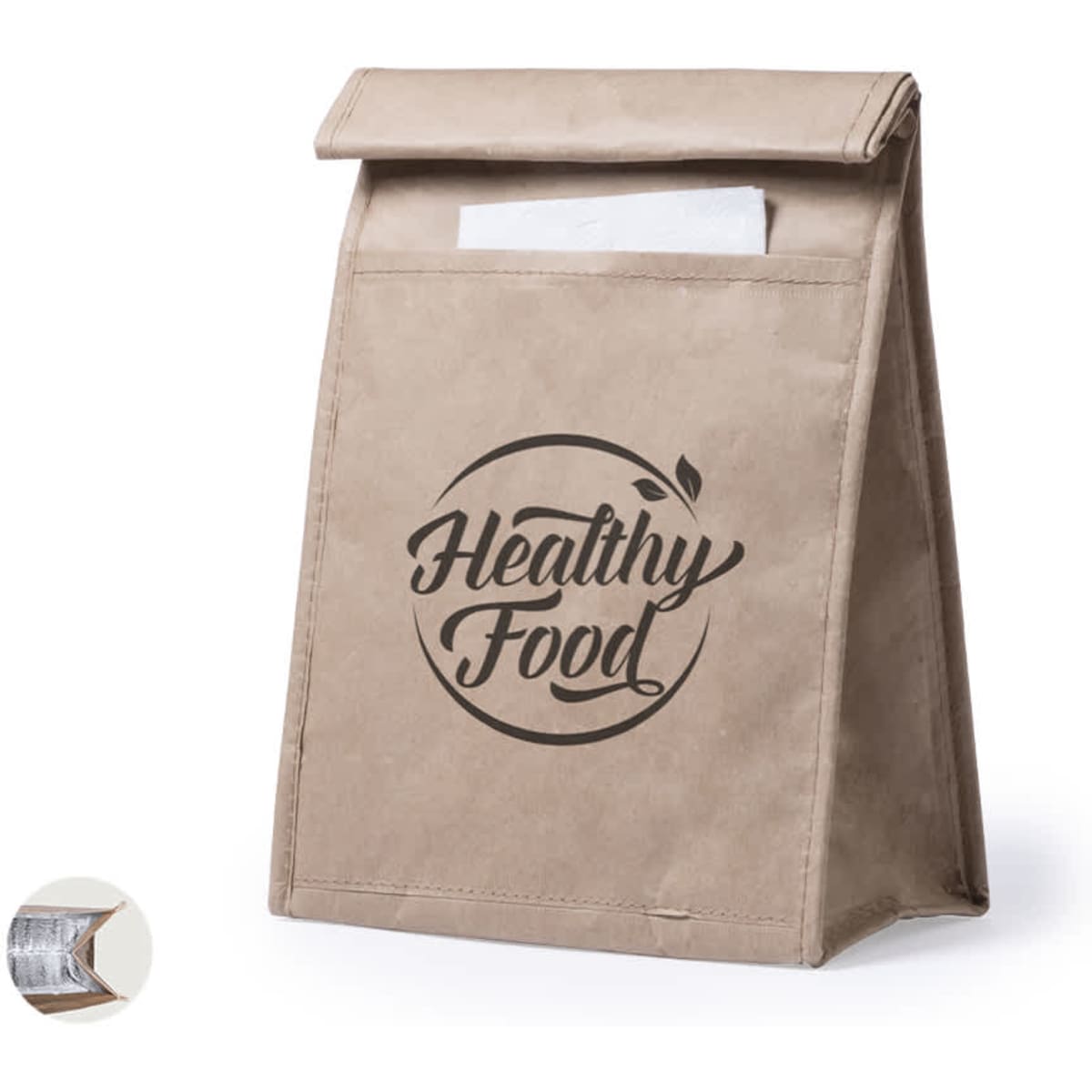 A tan insulated bag with a fold-over top and a logo, featuring a design that reads "Healthy Food."