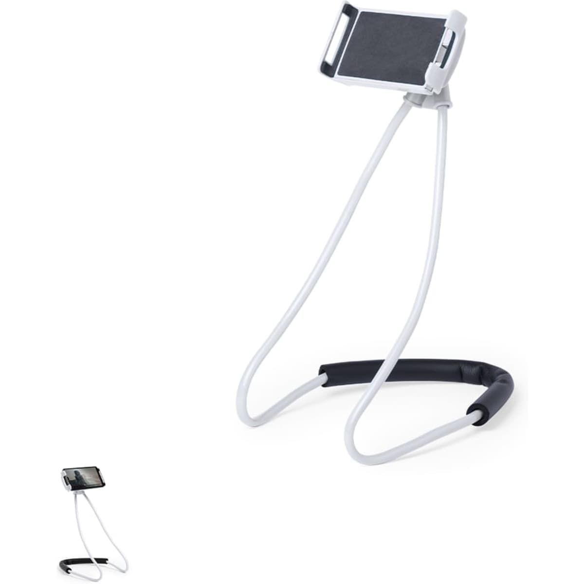A flexible phone stand in black and white, featuring an adjustable holder for smartphones.