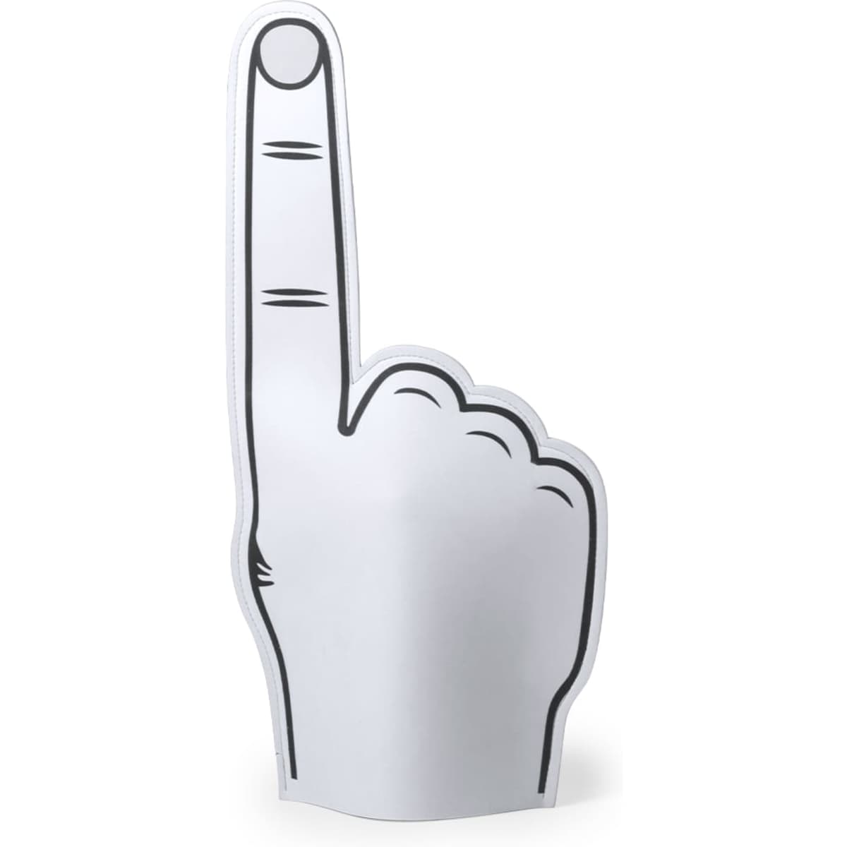 A novelty foam hand in white with a black outline, featuring a raised index finger. It has a logo on it.