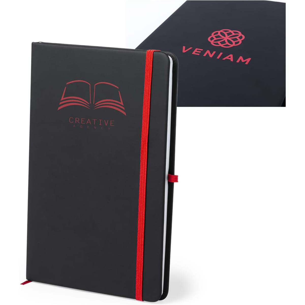 A black notebook with a red elastic band, featuring a logo and an embossed design on the cover.