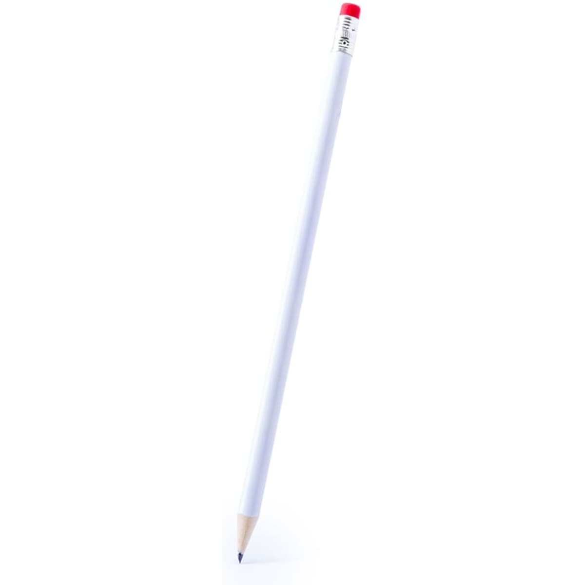 A grey-lead pencil with a white body and red eraser at the top. It is positioned upright.