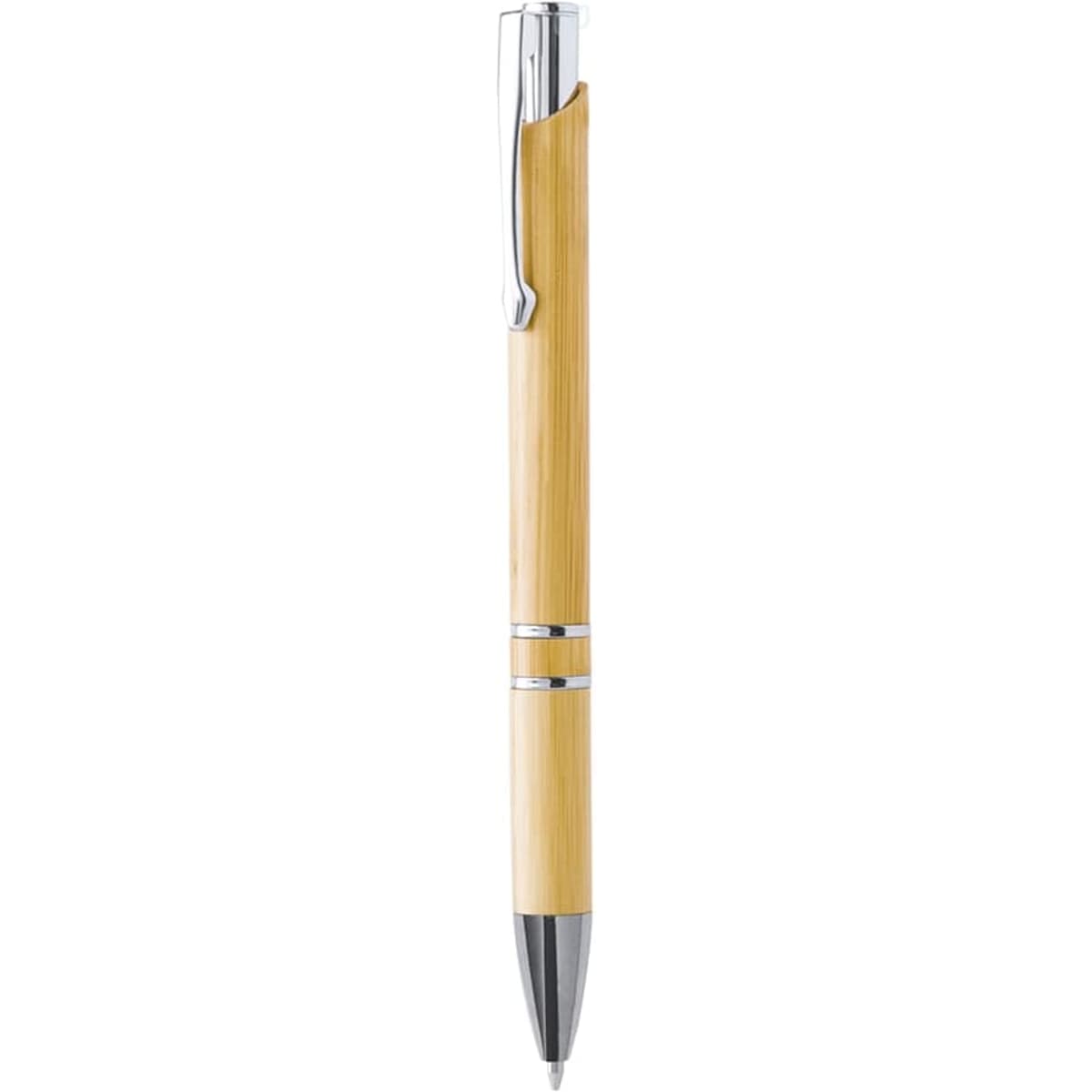 A wooden pen in a natural bamboo finish with chrome accents and a polished tip, featuring a branding logo.