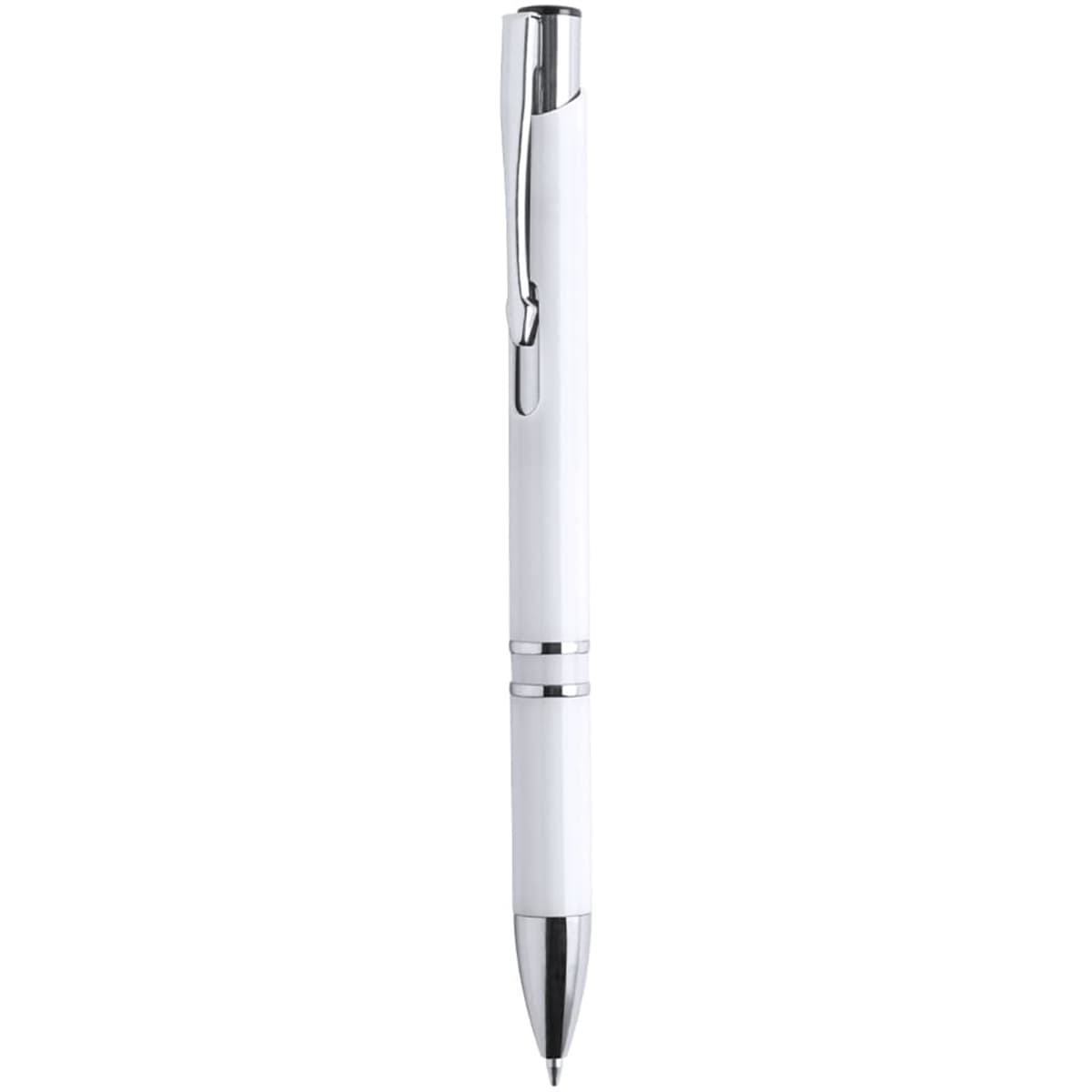 A white plastic pen with chrome accents, featuring a sleek design and a clip for easy attachment.
