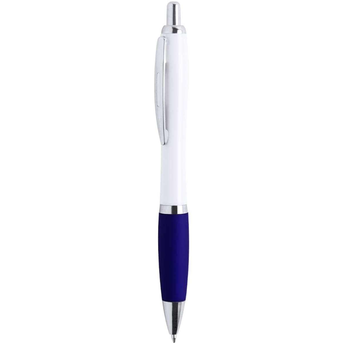 A metal pen with a white barrel, blue grip, and chrome accents. Features a logo on the body.