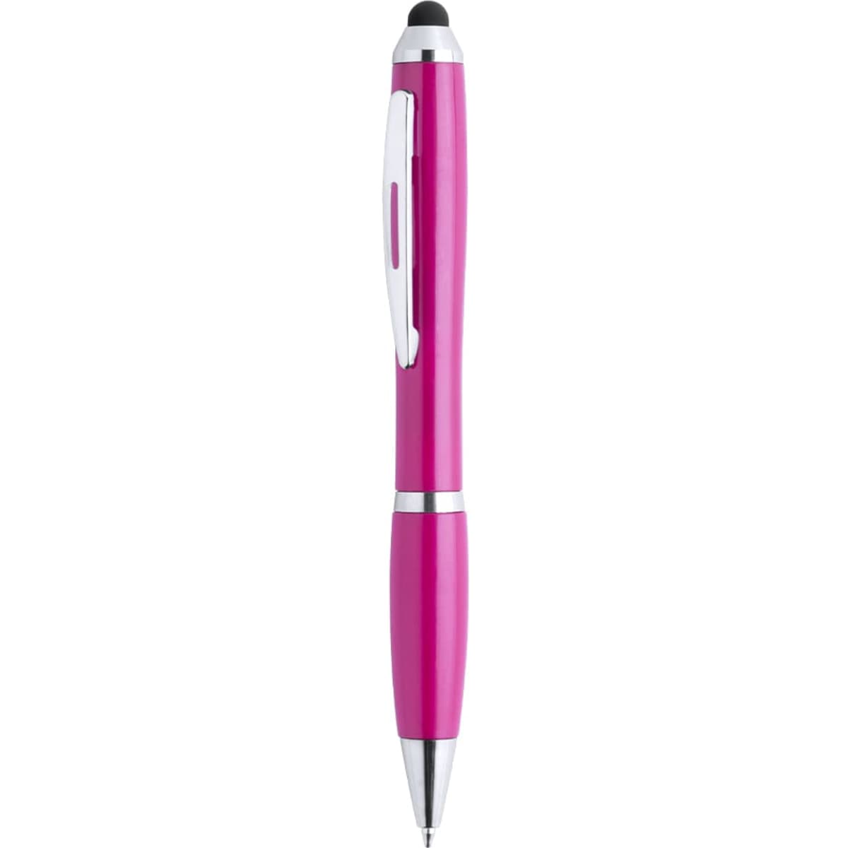A pink ballpoint pen with a stylus tip, featuring a shiny silver clip and detailing.