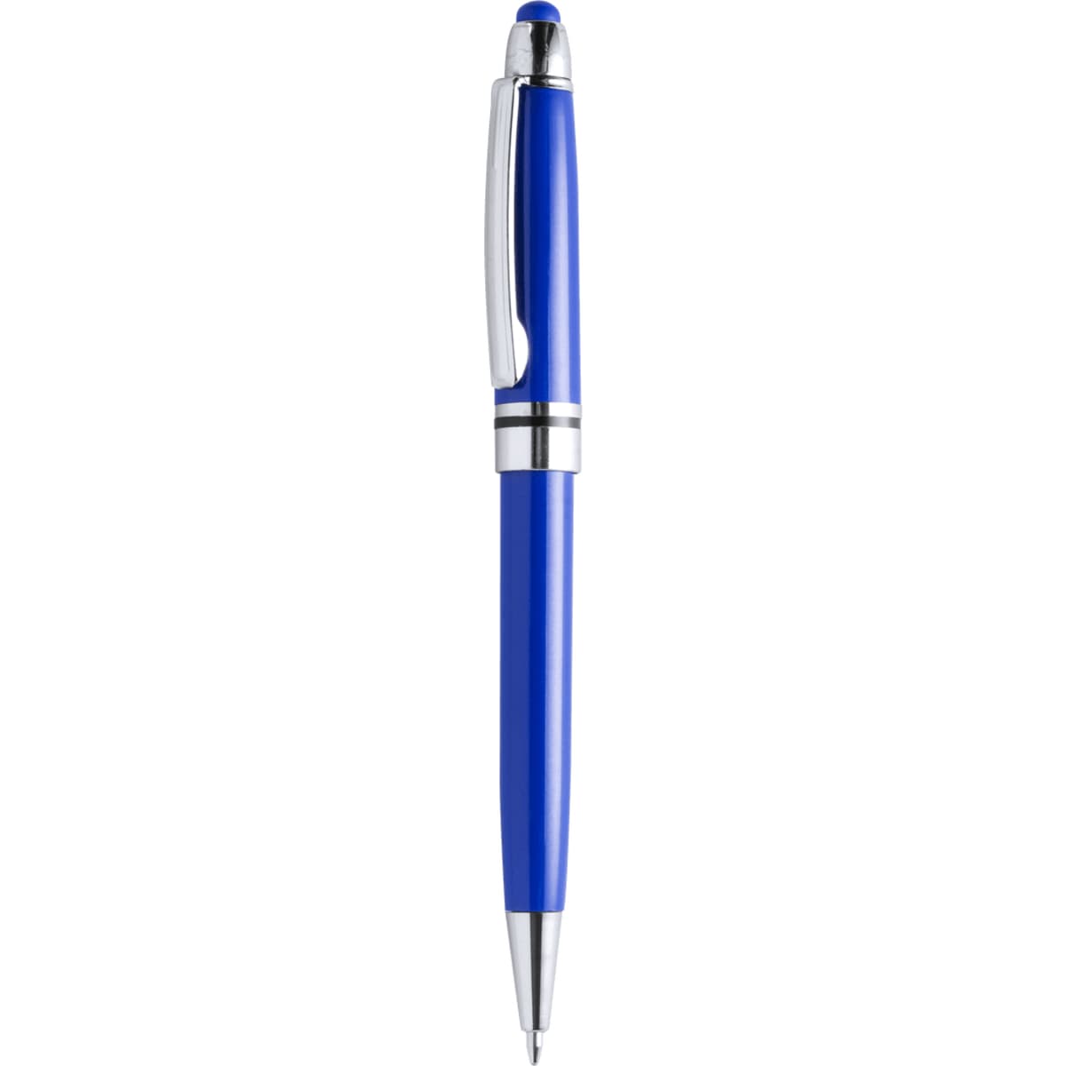 A blue stylus touch ball pen with silver accents and a logo on the clip.