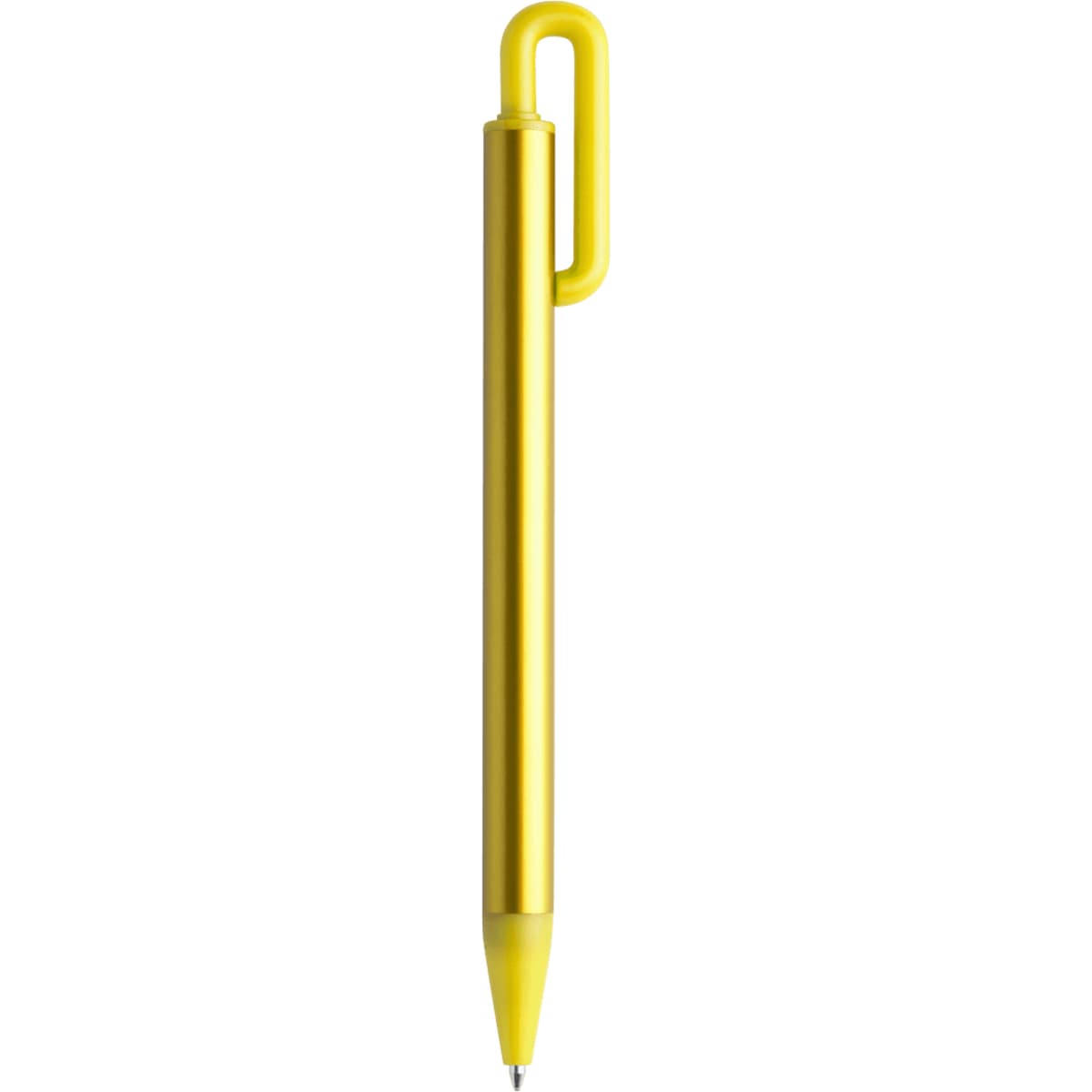A yellow metal pen with a unique design featuring a hook for easy attachment.
