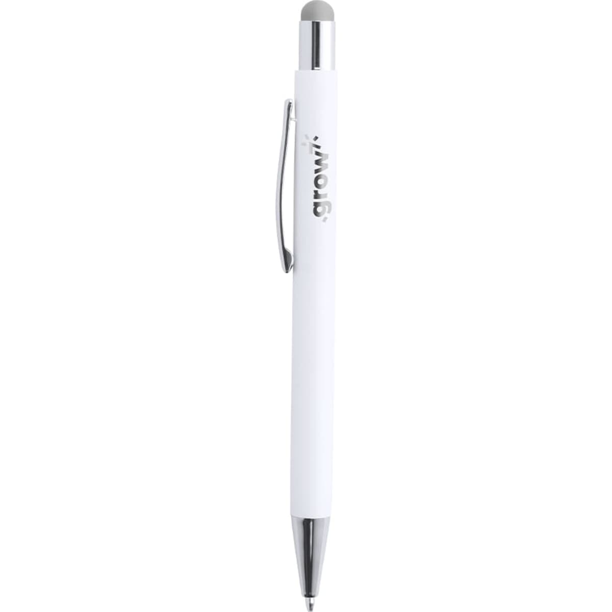 A white ballpoint pen with a stylus tip and a silver clip, featuring a logo.