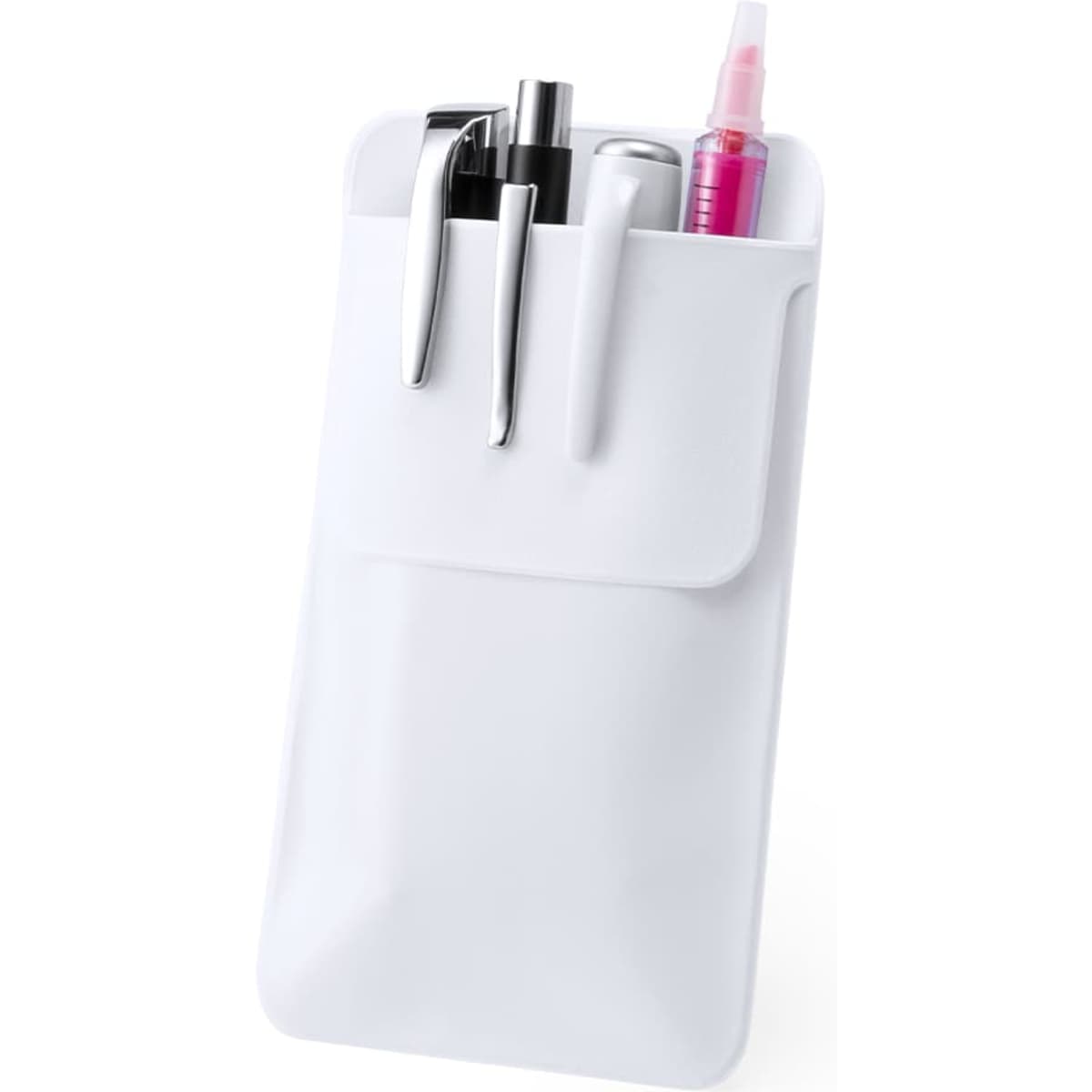 A white pen holder with multiple compartments containing pens and a pink marker. It features a branding logo.