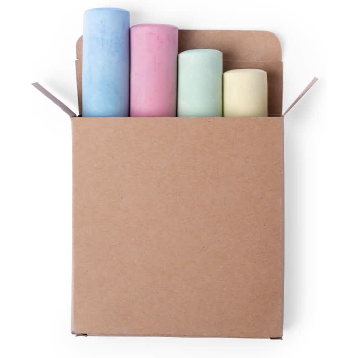 A cardboard box containing four rolls of pastel-coloured chalk in blue, pink, green, and yellow. The box has a logo.