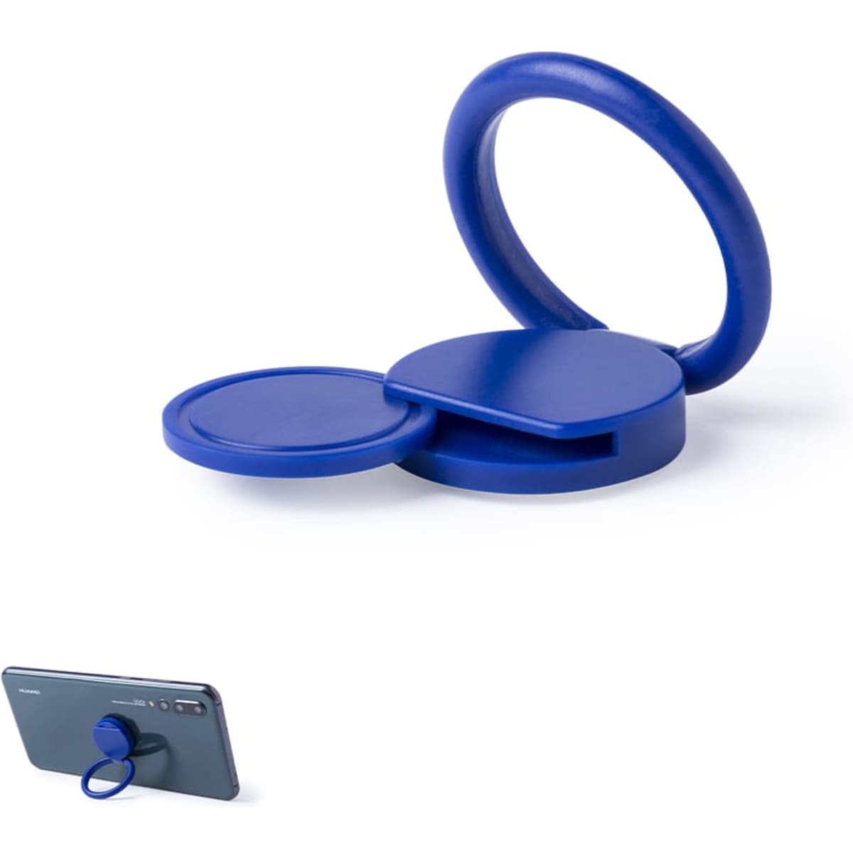 A blue phone stand featuring a circular design with two flat discs and a ring attachment.