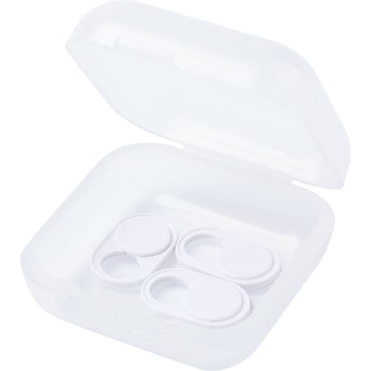 A clear contact lens case with three compartments for storing lenses, featuring a transparent lid.
