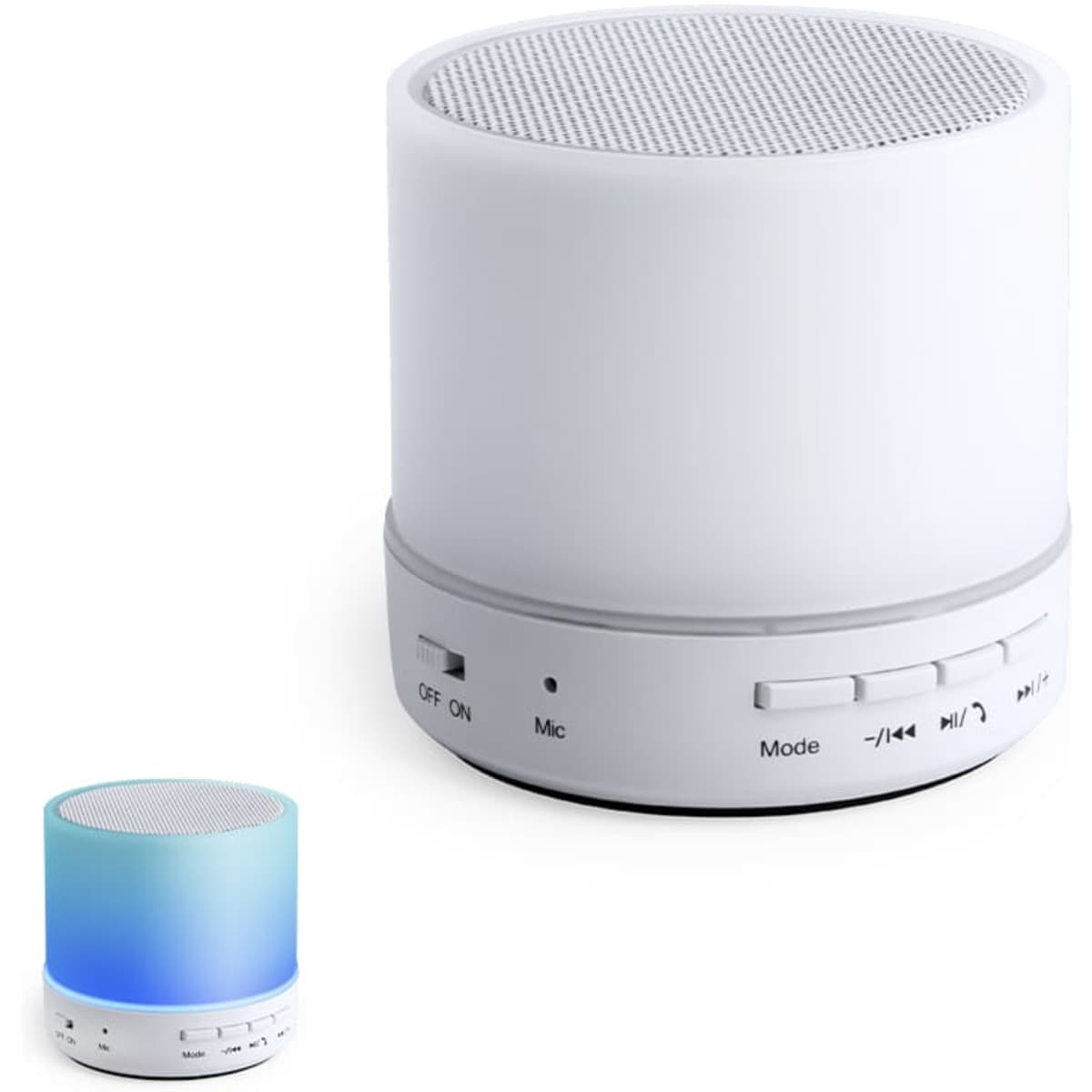 A Bluetooth speaker in white with a subtle blue gradient at the bottom, featuring control buttons on the side.
