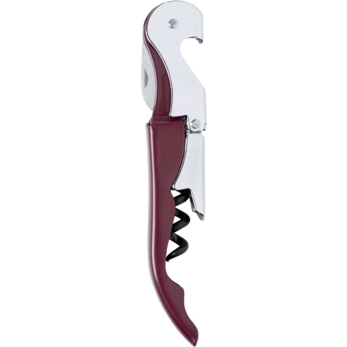 A drink bottle opener in chrome and burgundy with a built-in corkscrew and a branding logo.