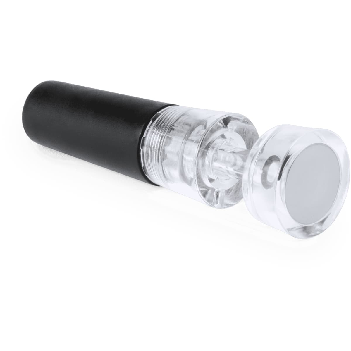 A drink bottle stopper in black and clear, designed for sealing bottles. It features a sleek design and contains a logo.