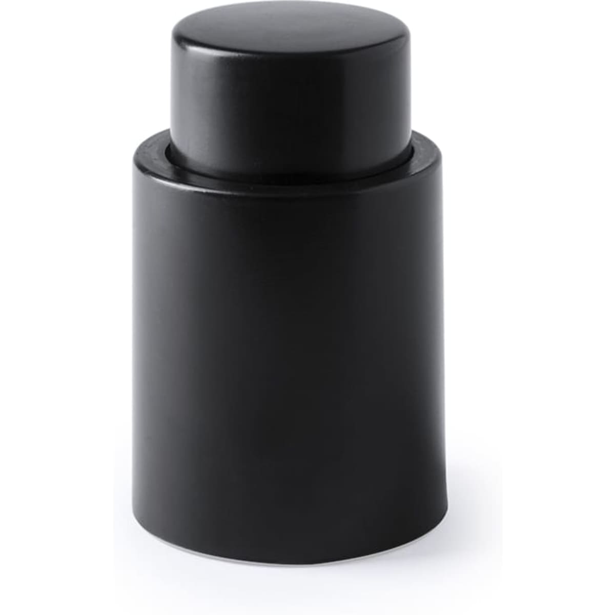 A drink bottle in a sleek black design, featuring a simple cylindrical shape and a rounded lid. It has a logo.