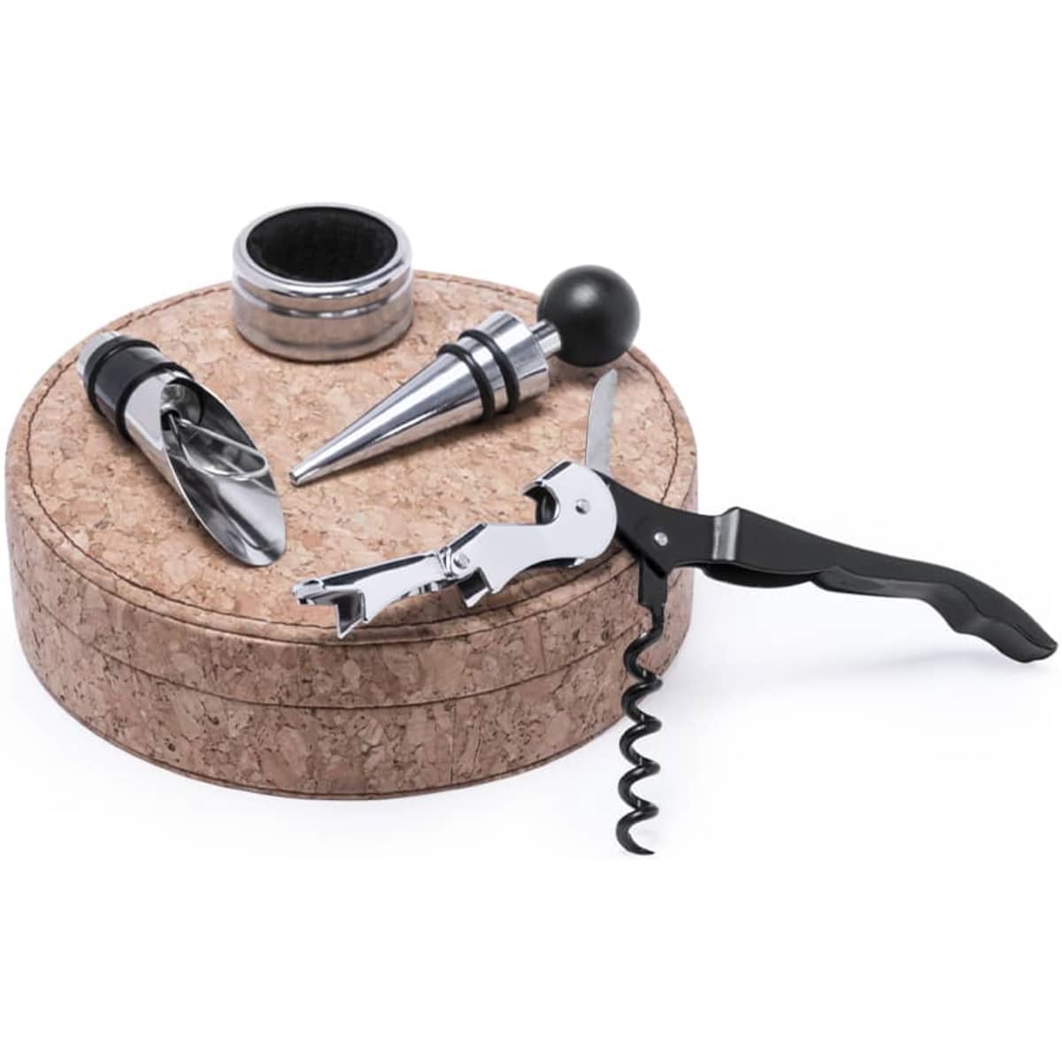 A wine accessory set featuring a corkscrew, pourer, stopper, and foil cutter, presented in a round cork box.