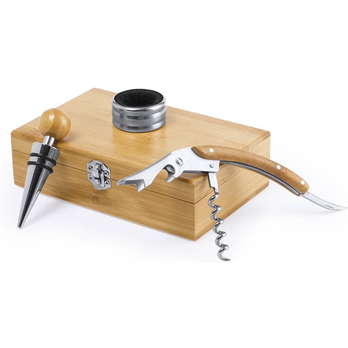 A bamboo box containing a corkscrew, wine pourer, and wine stopper with a silver and wooden finish.