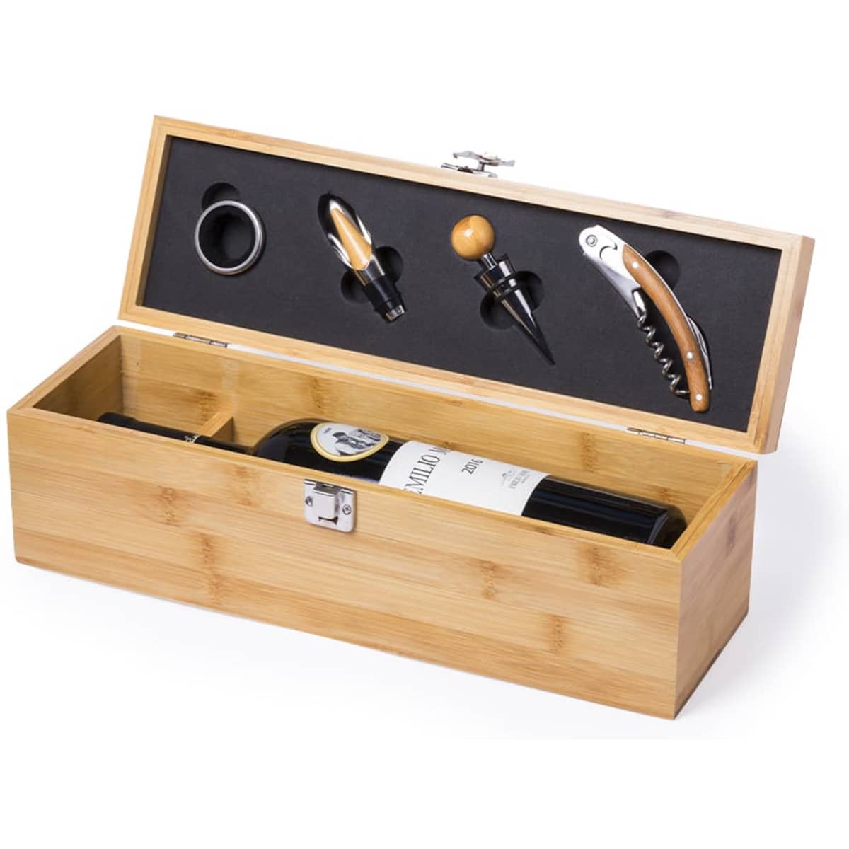 A wooden wine box containing a bottle of red wine and accessories, including a corkscrew, pourer, and stopper.