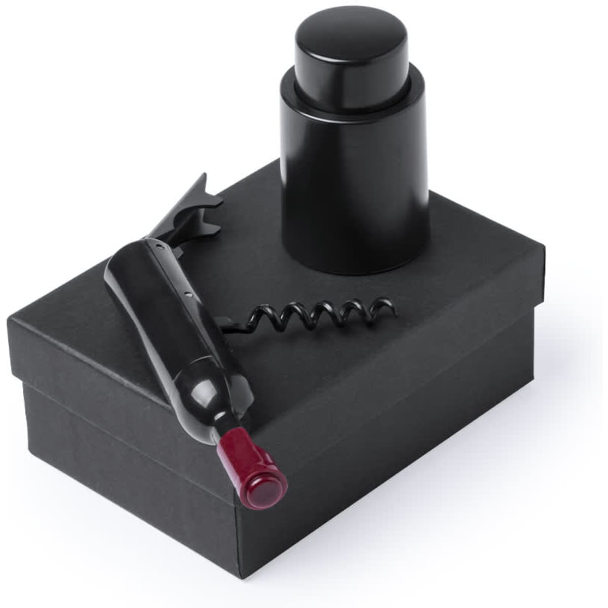 A drink bottle in black, with a corkscrew and a cylindrical stopper, placed on a black box.
