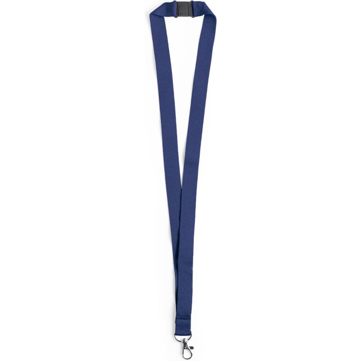 A navy blue lanyard with a clip for holding ID cards or badges, featuring a branding logo.