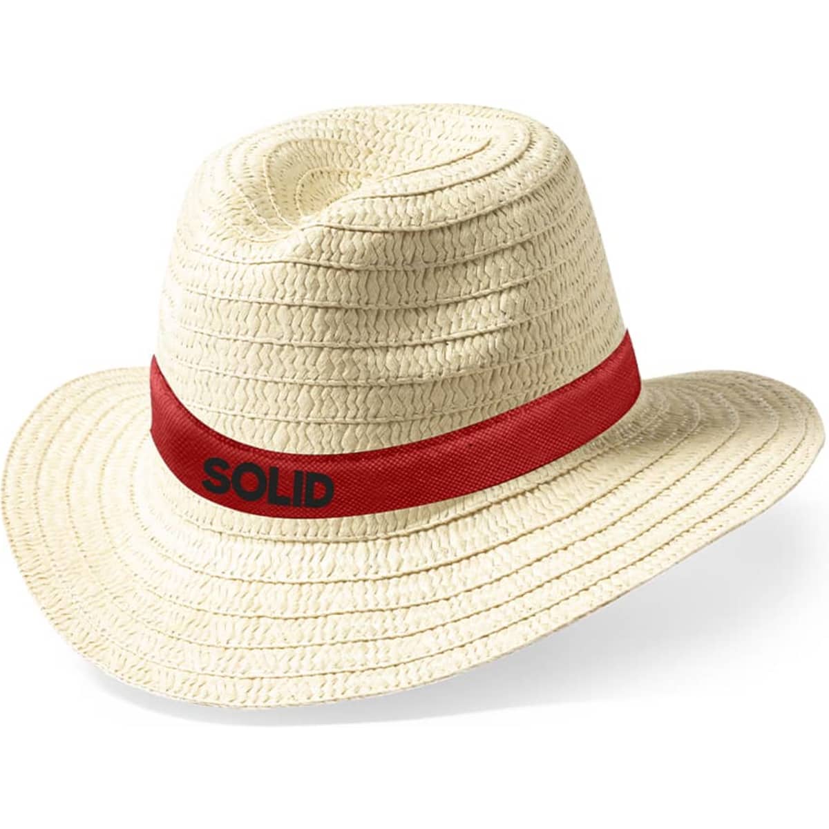 A straw hat with a wide brim, featuring a red band and a logo, in a light beige colour.