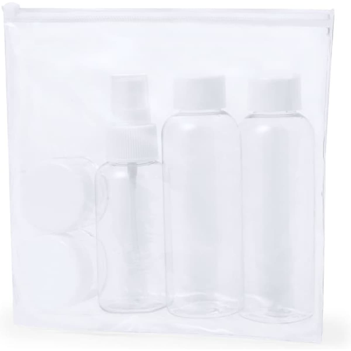 A clear toiletry bag featuring multiple empty containers and jars for travel. Ideal for cosmetics and liquids.