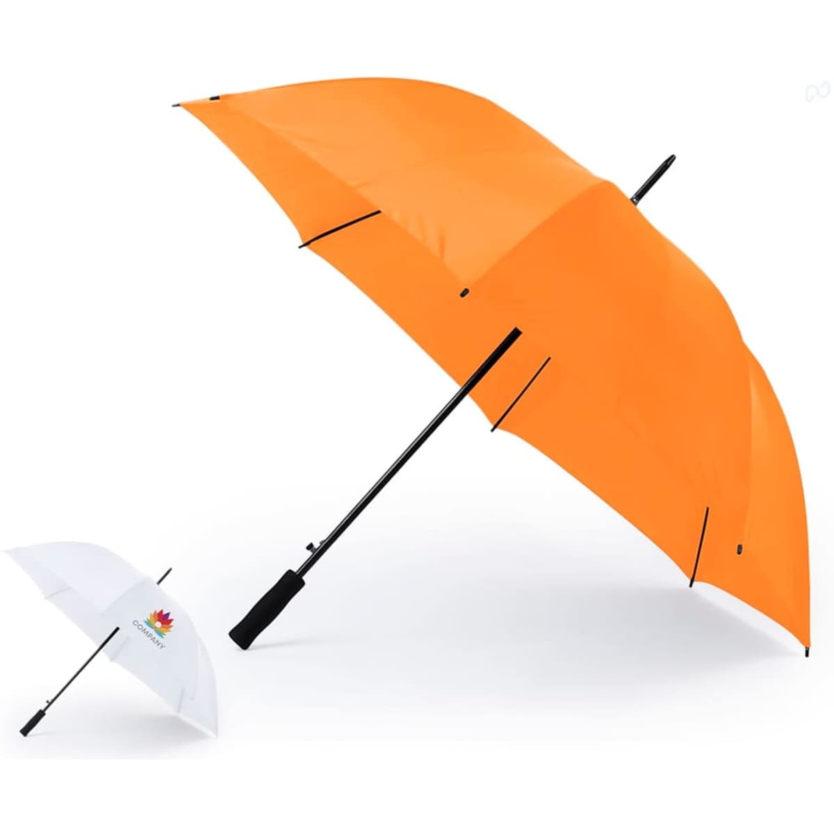 An orange umbrella with a black handle displayed alongside a smaller white umbrella featuring a logo.