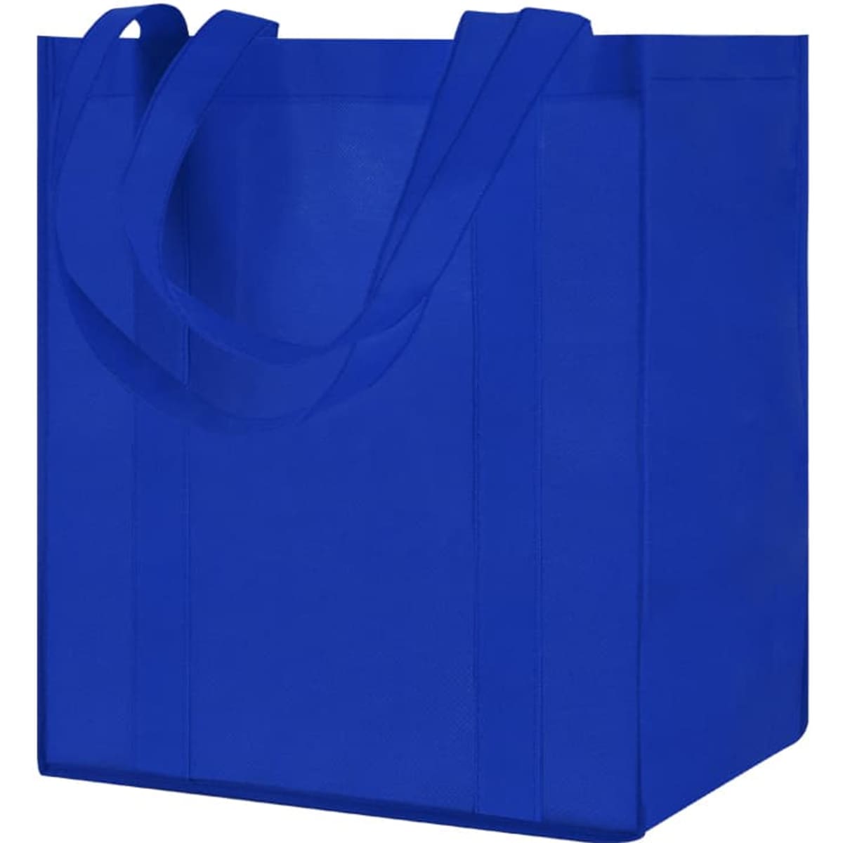 A blue reusable grocery bag with two handles and a square shape, featuring a logo.