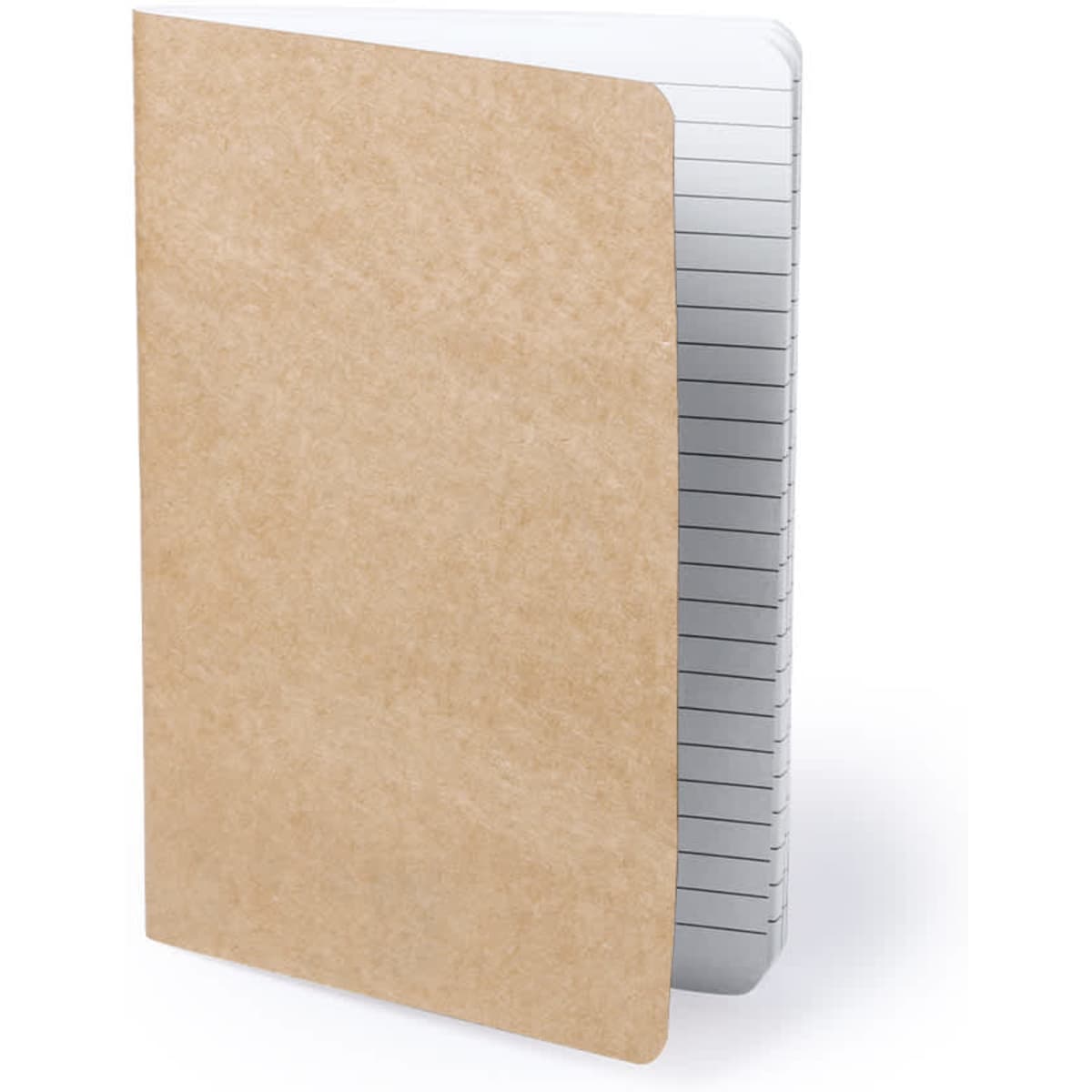 A brown, plain notebook with lined pages and a soft cover, featuring a logo on the front.