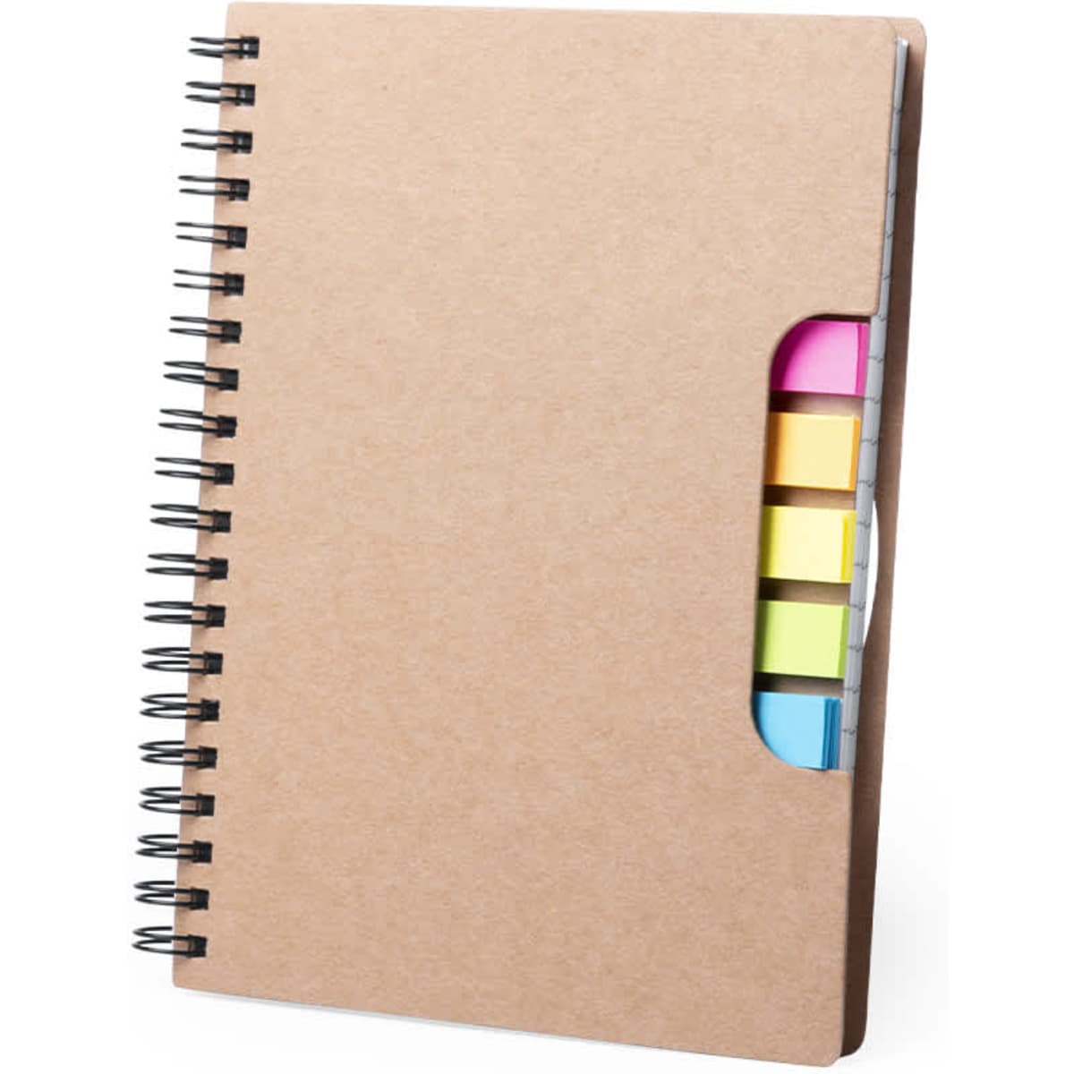 A brown spiral-bound notebook with a side slot holding colourful sticky notes in pink, yellow, and blue.