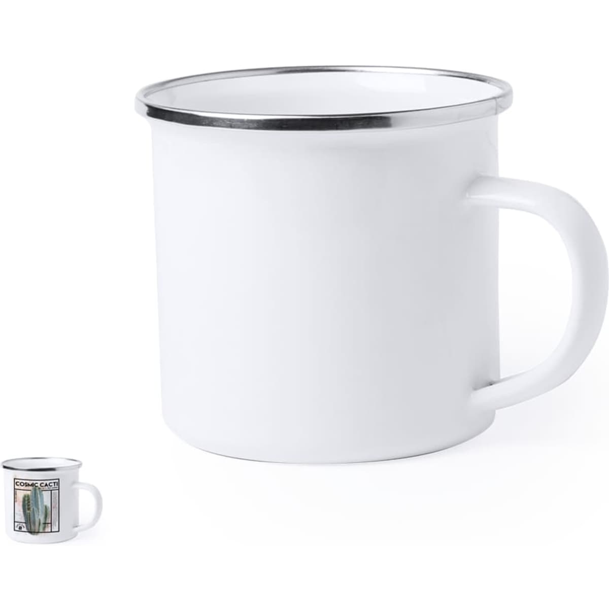 A white coffee mug with a silver rim and a handle, featuring a logo on one side.
