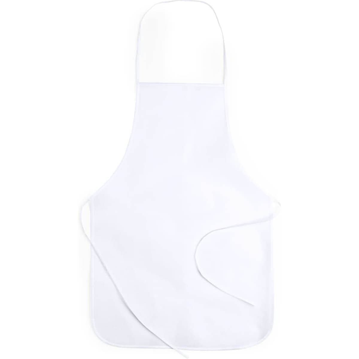 A white apron with a neck strap and waist ties, featuring a logo at the top.