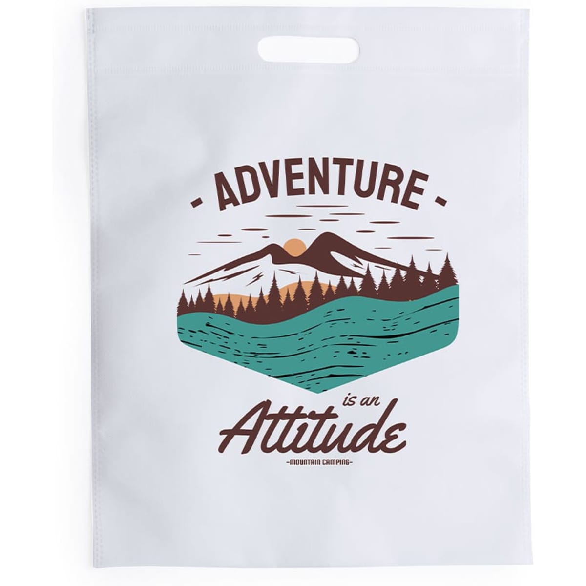 A white bag featuring a mountain and forest design in green, brown, and orange, with a logo.