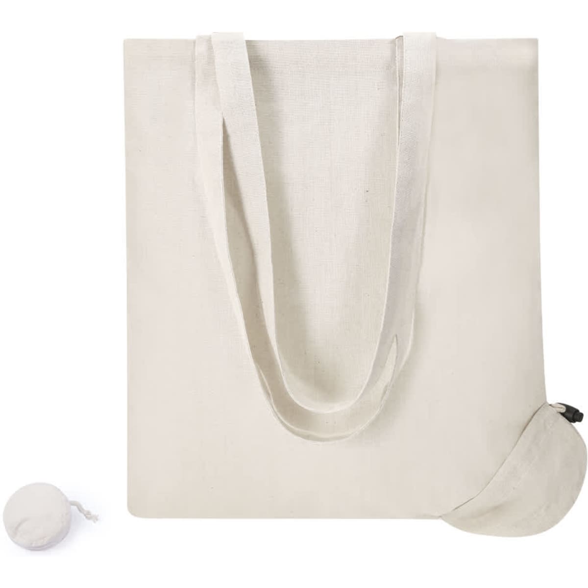 A foldable tote bag in a light cream colour, alongside a compact pouch for storage. Features a branding logo.