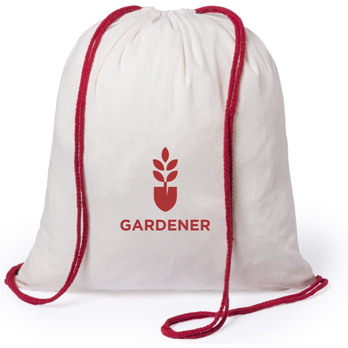 A drawstring bag in natural fabric with red cords and a logo featuring a plant design.