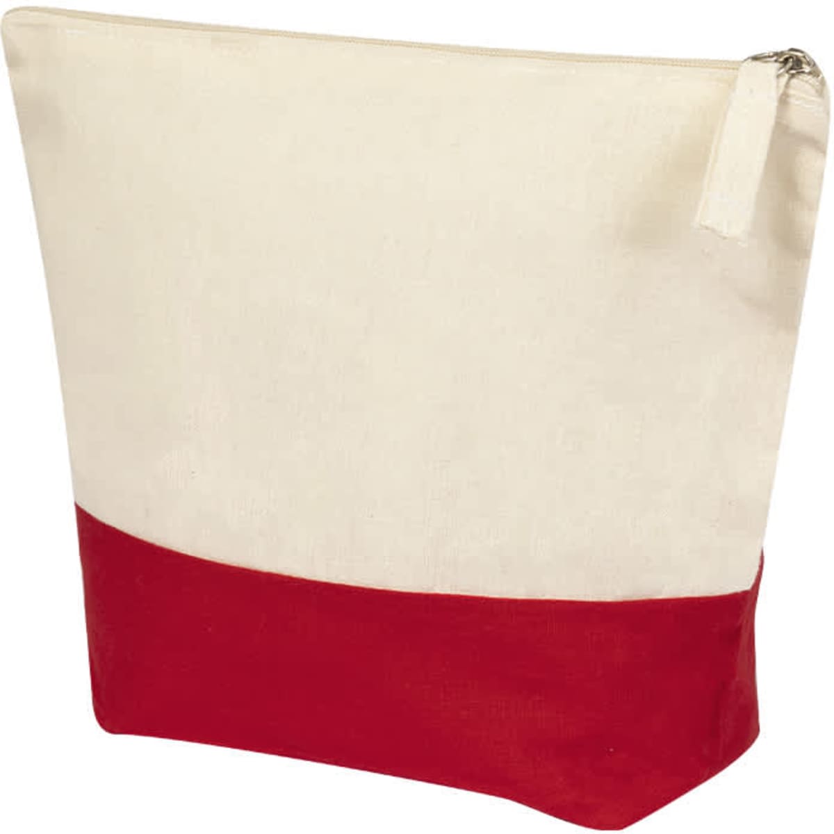A toiletry bag featuring a cream upper section and a bright red bottom, with a zip closure and a logo.