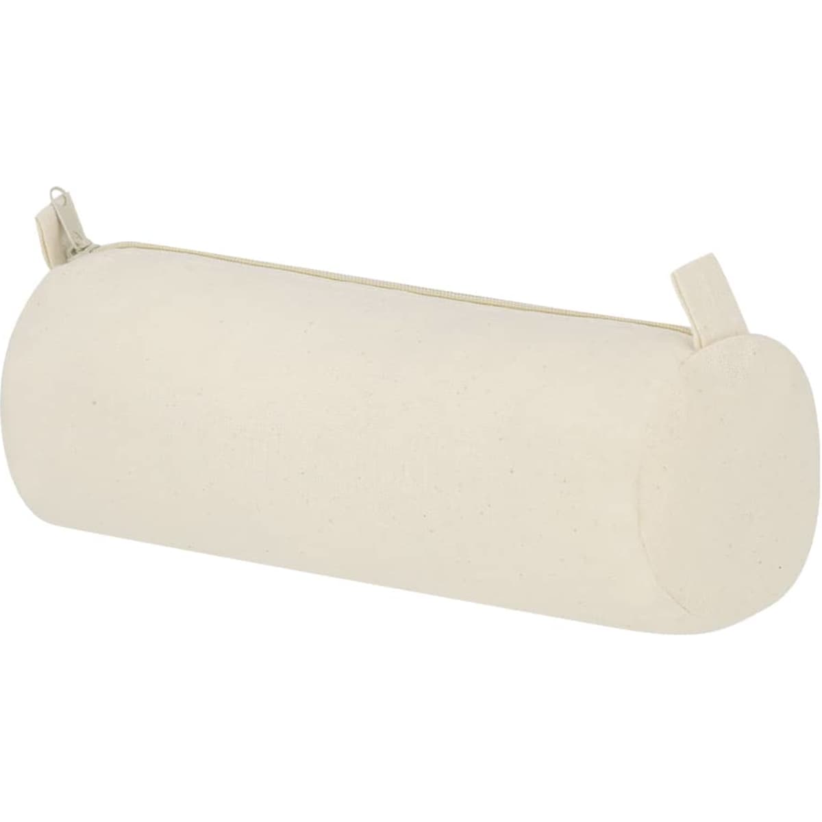 A cylindrical cream pencil case with a zip closure and two small handles on top.