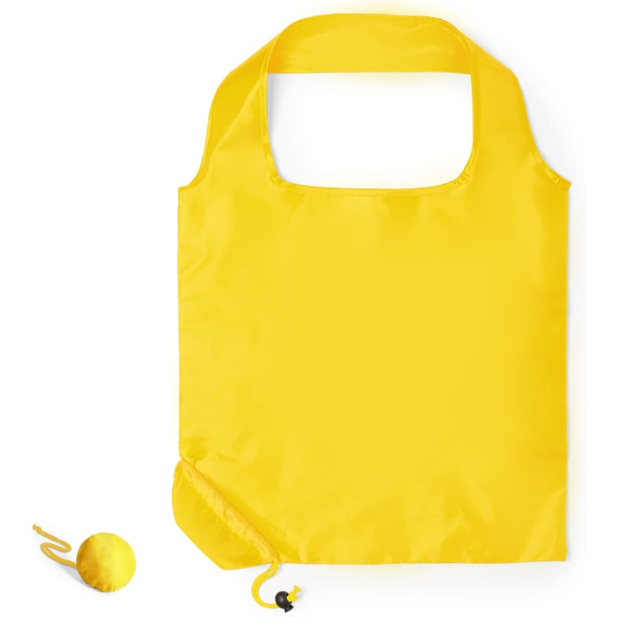 A bright yellow foldable bag with a round pouch for storage. The bag features a simple, open-top design and a logo.