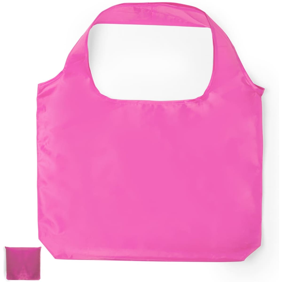 A bright pink foldable bag with a matching smaller pouch. The bag features a simple, seamless design and has a logo.
