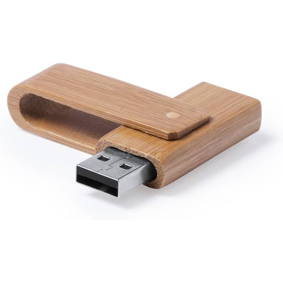 A bamboo USB drive with a metallic connector, featuring a simple and elegant design. It has a logo on the surface.